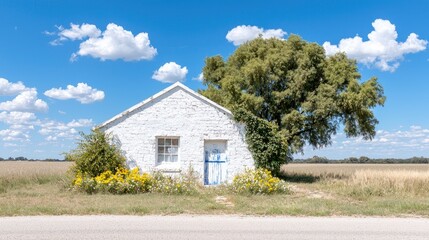 Obraz premium Whitewashed rural cottage, farmland, summer day