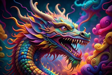 Vibrant Colorful Dragon with Long Tongue, Open Mouth, Fantasy Art, Mythical Creature