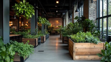 Naklejka premium Spacious indoor urban garden with lush greenery, wooden planters, and a cozy cafÃ© atmosphere for relaxation and social gatherings