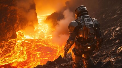 A spelunker in a mech suit near lava.