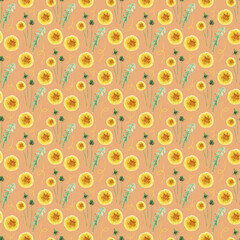 Watercolor seamless pattern with stylized buds, flowers and leaves of the Dandelion plant