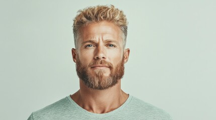 Confident man with modern hairstyle and beard against a light background, embodying strength and style