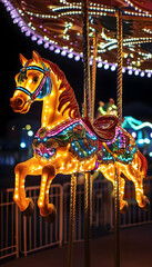 Illuminated Carousel Horses Delightful Nighttime Fairytale  -