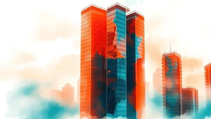 Watercolor painting depicting an abstract urban cityscape with sleek skyscrapers.