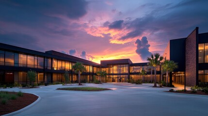 Modern architectural design with glass facades illuminated by a stunning sunset over a landscaped courtyard