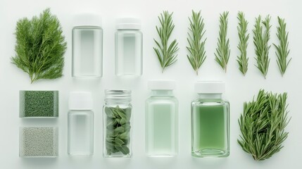 Fototapeta premium A curated collection of natural ingredients and essential oils arranged aesthetically for beauty or wellness themes