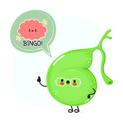 Gallbladder with speech bubble and brain character. Vector hand drawn cartoon kawaii character illustration. Isolated white background. Gallbladder poster and brain