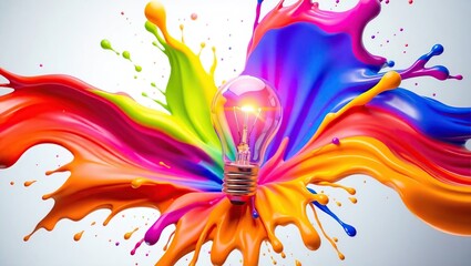 Obraz premium A light bulb bursting with an explosion of colorful paint, symbolizing the birth of new ideas and creative brainstorming concepts.