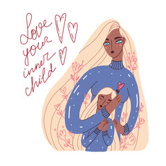 Vector illustration of a woman caring for her inner child, hugs symbolizing love and positive mental health. Includes flowers symbolizing therapy, peace and love.