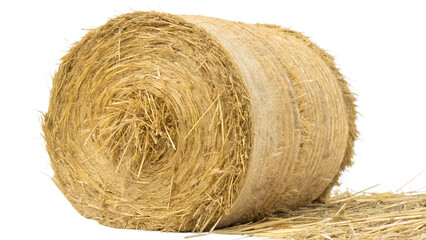 An isolated rectangular bale of straw, tightly packed with individual pieces of straw visible. The straw bale has a golden-yellow color and is set against a clean background