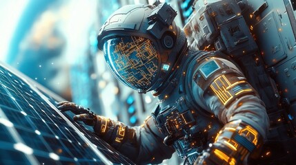 A technician in a circuit-themed suit maintaining solar panels.