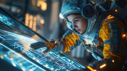 Young astronaut interacting with controls.