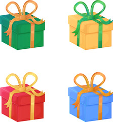 Set of four colorful Christmas gift boxes with gradient bows in green, yellow, red, and blue. Designed in cartoon style and isolated on white background. Perfect for holiday celebrations, festive
