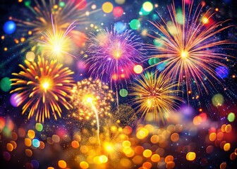 Vibrant Fireworks Display with Bokeh, Night Sky Celebration, Festive Pyrotechnics