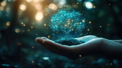 Hand holding a glowing tree.