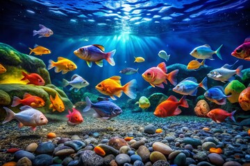 Fototapeta premium Vibrant Fish Swimming Over Smooth Pebbles - Serene Underwater Scene