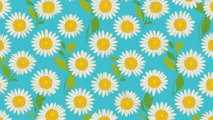 Fototapeta premium Bright Floral Pattern with White Daisies on Aqua Background, crisp white daisies with golden-yellow centers arranged in a repeating pattern