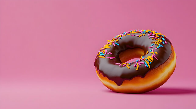 Delicious chocolate donut with colorful sprinkles on a pink background showcasing a sweet treat ready to enjoy