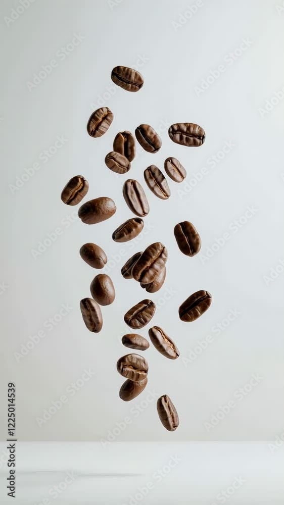 Aufkleber roasted coffee beans are levitating against a clean, minimalist background, creating a visually appe