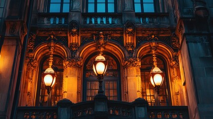 Illuminated ornate building facade at night.