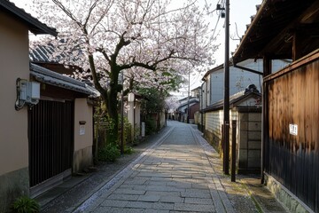 Cherry Blossom Alley A serene alley lined with cherry blossom trees in full bloom, their pink petals scattered on the pathway