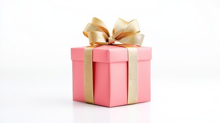 Obraz premium Pink gift box with gold ribbon, white background, celebration concept, for gifting