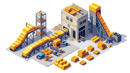 Obraz premium Industrial warehouse with conveyor belts transporting yellow boxes, showcasing logistics operations