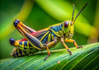 Vibrant Grasshopper Close-up: Yellow & Black Insect on Green Leaf - Drone Photography