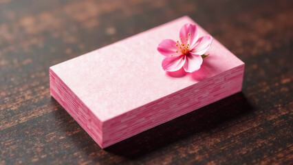 Stack of blank business or invitation card with pink sakura flower close-up. Production of gift certificates or vouchers on craft paper. Spring Japan symbol. Empty text place for branding or logo