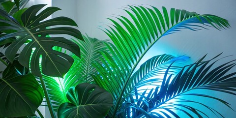 Obraz premium Vibrant Green & Blue Neon Lights Illuminating Lush Tropical Leaves