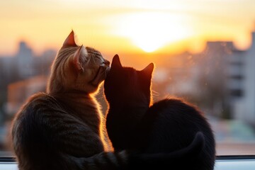 An intimate moment captured as one cat gently grooms the other, both silhouetted against a stunning sunset backdrop, symbolizing love and care in nature.