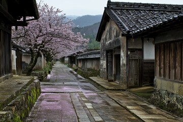 Cherry Blossom Alley A serene alley lined with cherry blossom trees in full bloom, their pink petals scattered on the pathway