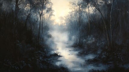 Fototapeta premium Serene dawn mist over tranquil forest stream.