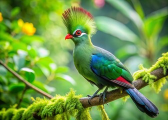 Fototapeta premium Vibrant Green Turaco Bird with Bokeh Background - Musophagidae Family