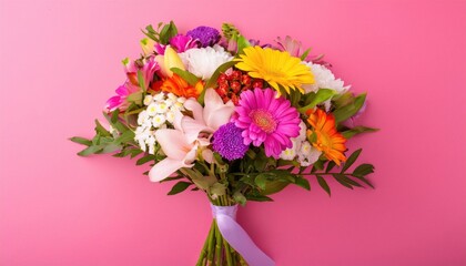 Fototapeta premium A bouquet of flowers on a pink background. Bouquet of multicolored flowers