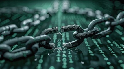 Broken Chain Link on Digital Binary Code Background