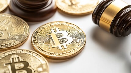 Bitcoin Cryptocurrency Coins with Gavel Symbolizing Legal Framework