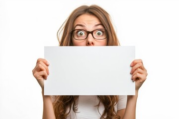 Woman holding something blank surprised isolated on a white background.