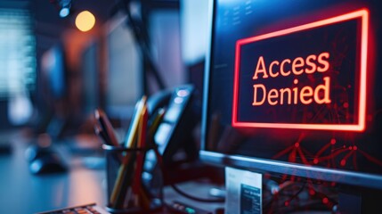 Access Denied Message on Computer Monitor with Red Neon Border