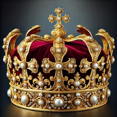 Close-up view of a meticulously crafted golden crown, rich in detail and adorned with numerous gemstones
