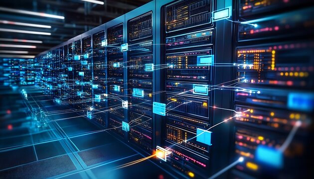 Abstract Describe the concept of software defined networking in IT infrastructure. Tecnology concept.


