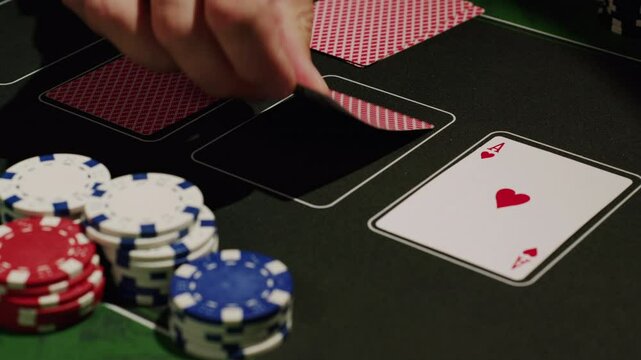 Game of poker in casino, taking place with poker chips and cards on a green table, gambling place, roulette jack pot. 