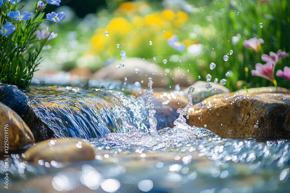 Poster close-up shot of water splashing over rocks in a stream surrounded by colorful flowers, capturing th