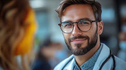 Doctor smiling, hospital hallway, colleagues blurred, healthcare