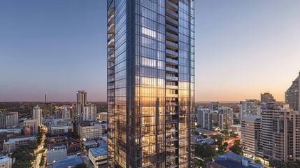 Obraz premium Modern glass skyscraper at sunset, city skyline view. (1)