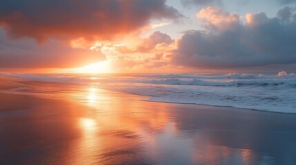 A beautiful sunset over the ocean with gentle waves