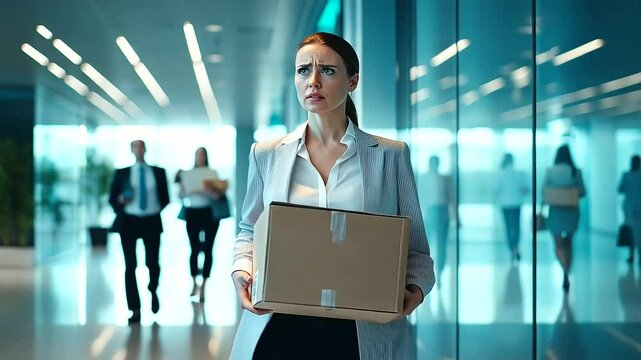 Upset businesswoman walking through a modern office hallway, holding a cardboard box with her belongings, her head slightly lowered, with colleagues glancing sympathetically.