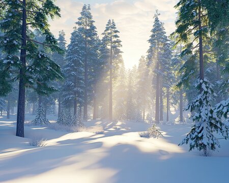 A beautiful snow-covered pine forest with sunlight filtering through the trees and casting long shadows on the ground. 