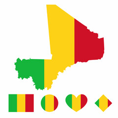 Fototapeta premium Vector of Mali map flag with flag set isolated on white background. Collection of flag icons with square, circle, love, heart, and rectangle shapes.
