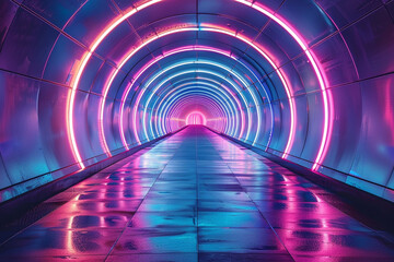 Neon Passage: A Glowing Metallic Tunnel with Swirling Neon Lights